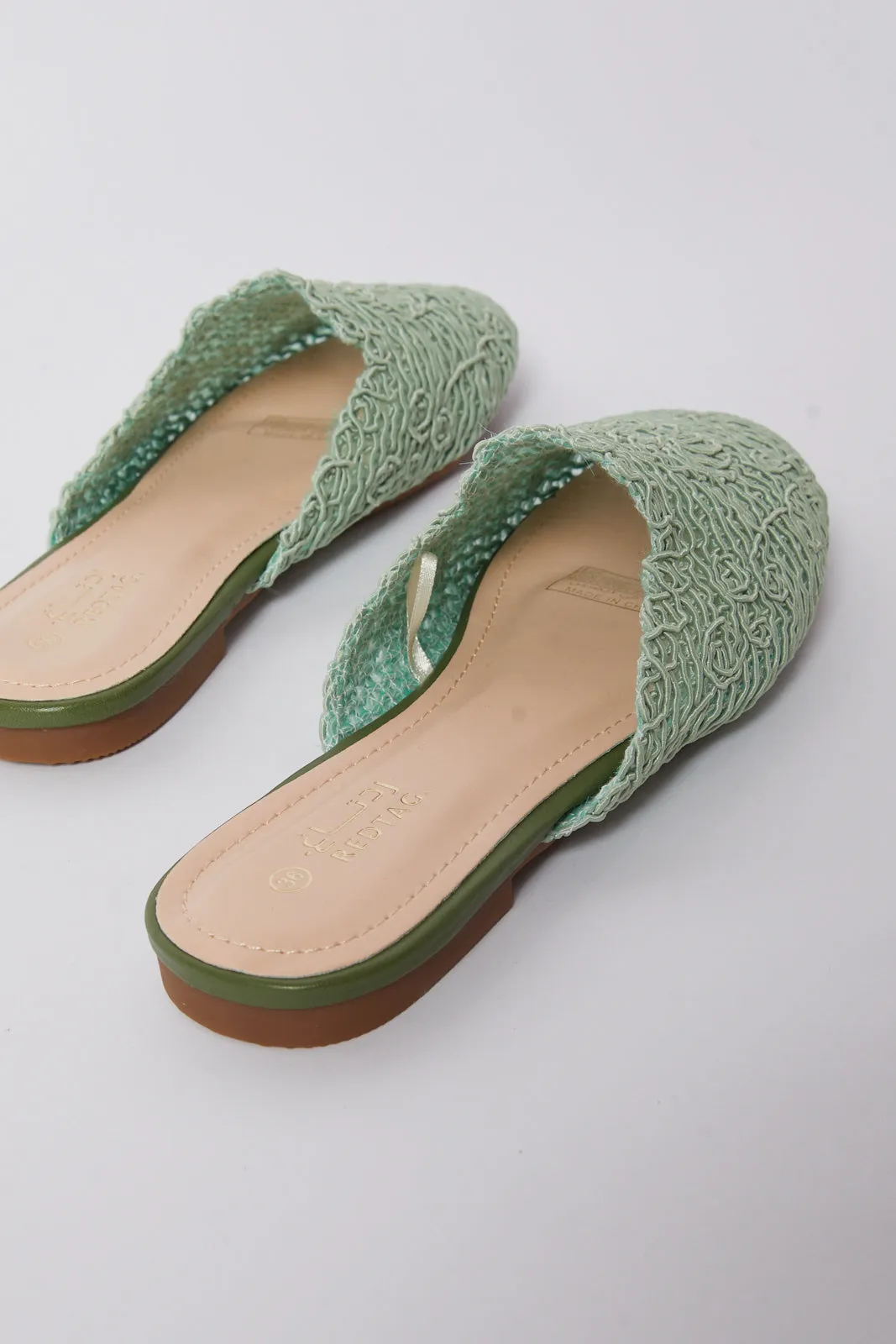 Women Green Fabric Interest Closed Toe Mule