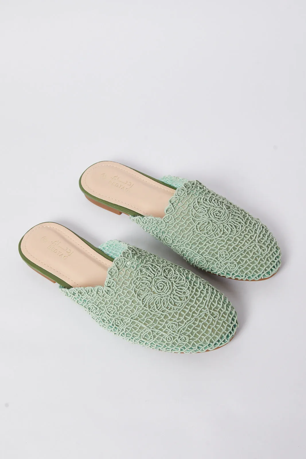 Women Green Fabric Interest Closed Toe Mule