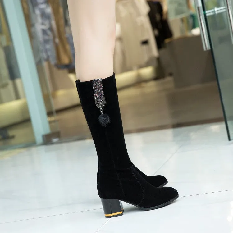 Women's Flock Fur Ball Block Chunky Heel Knee High Boots