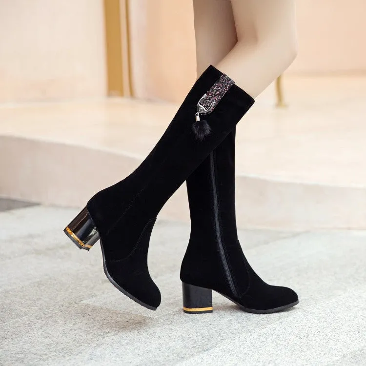 Women's Flock Fur Ball Block Chunky Heel Knee High Boots