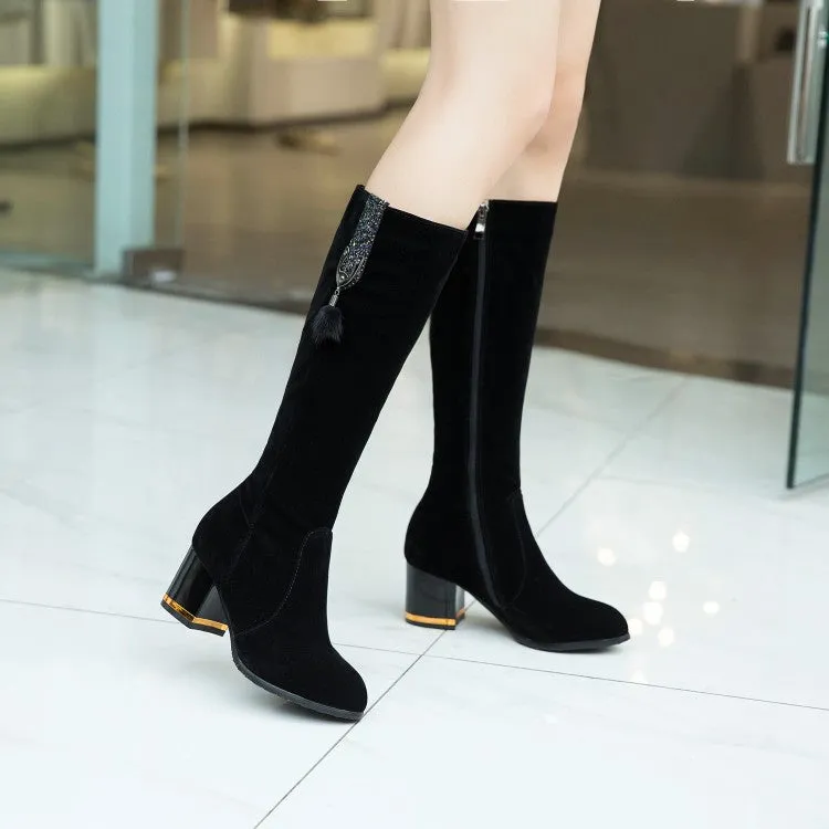 Women's Flock Fur Ball Block Chunky Heel Knee High Boots