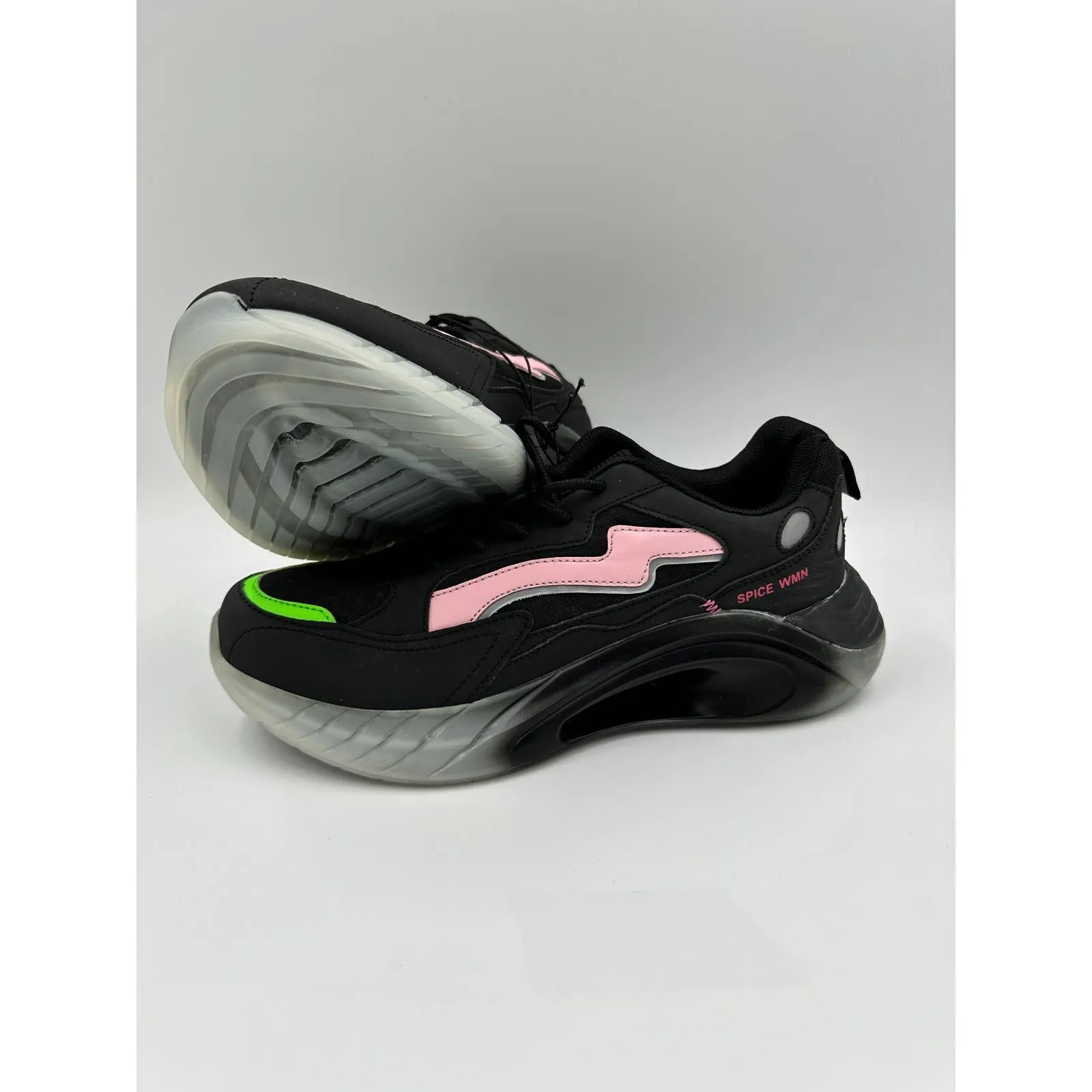 Women's Size 7.5, 90s Style Black Casual Sneaker with Pink and Green Accents