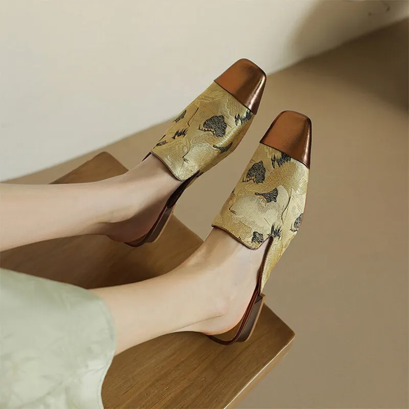 Women's Slippers Sheepskin Satin Patchwork Square Toe Mule Shoes In Golden/Green